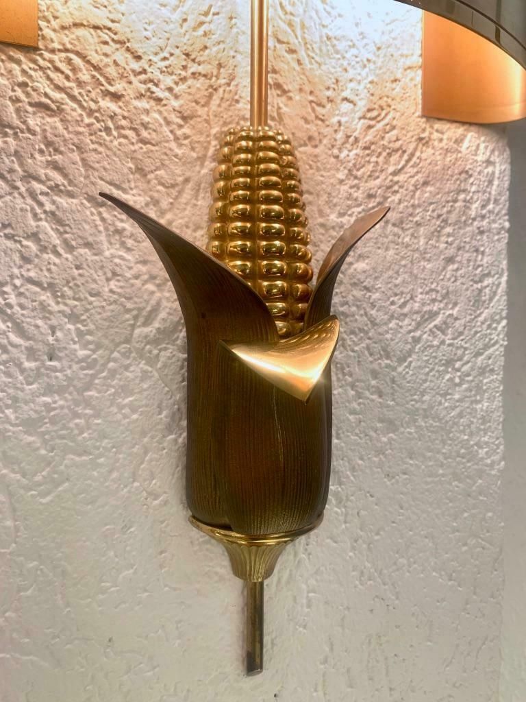Signed Maison Charles Pair Of Bronze & Brass "Corn" Wall Lamps, France, 1970s photo 4722.0