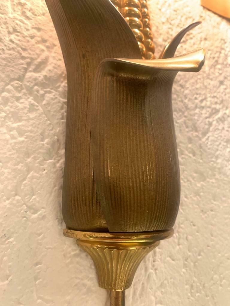 Signed Maison Charles Pair Of Bronze & Brass "Corn" Wall Lamps, France, 1970s photo vinterior
