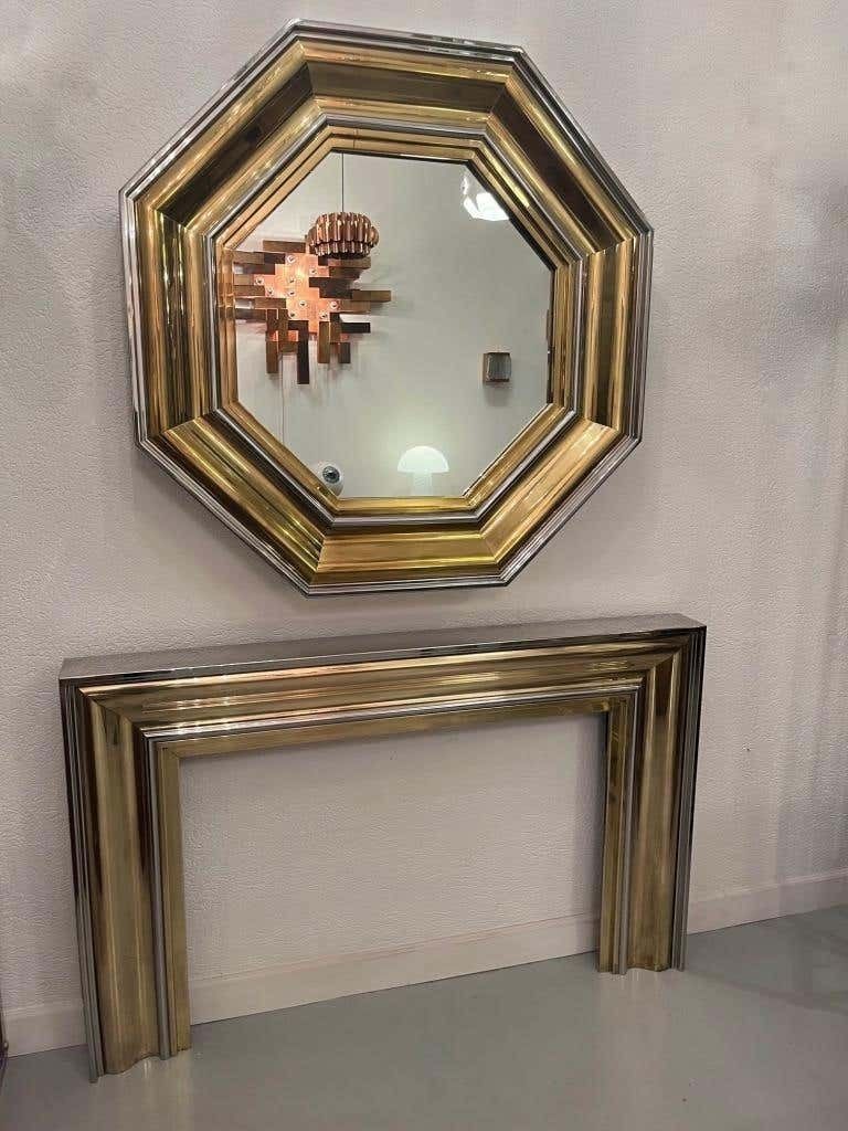Vintage Chrome & Brass Octagonal Wall Mirror & Fireplace By Sandro Petti, 1970s photo furniture
