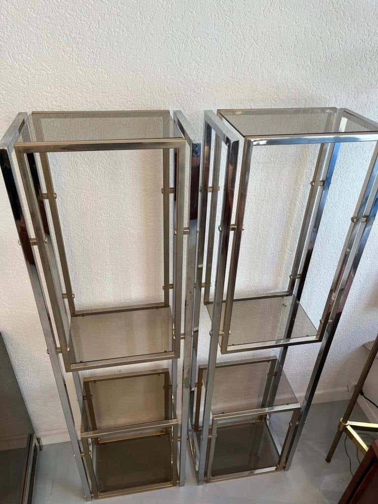 Vintage Pair Of Brass, Chrome & Glass Shelves, Italy, Ca. 1970s photo vintage