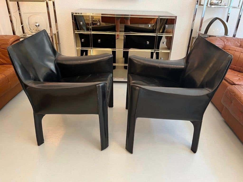 Pair Of Black Leather Cab 414 Lounge Chairs By Mario Bellini, Cassina, Ca. 1970s photo furniture