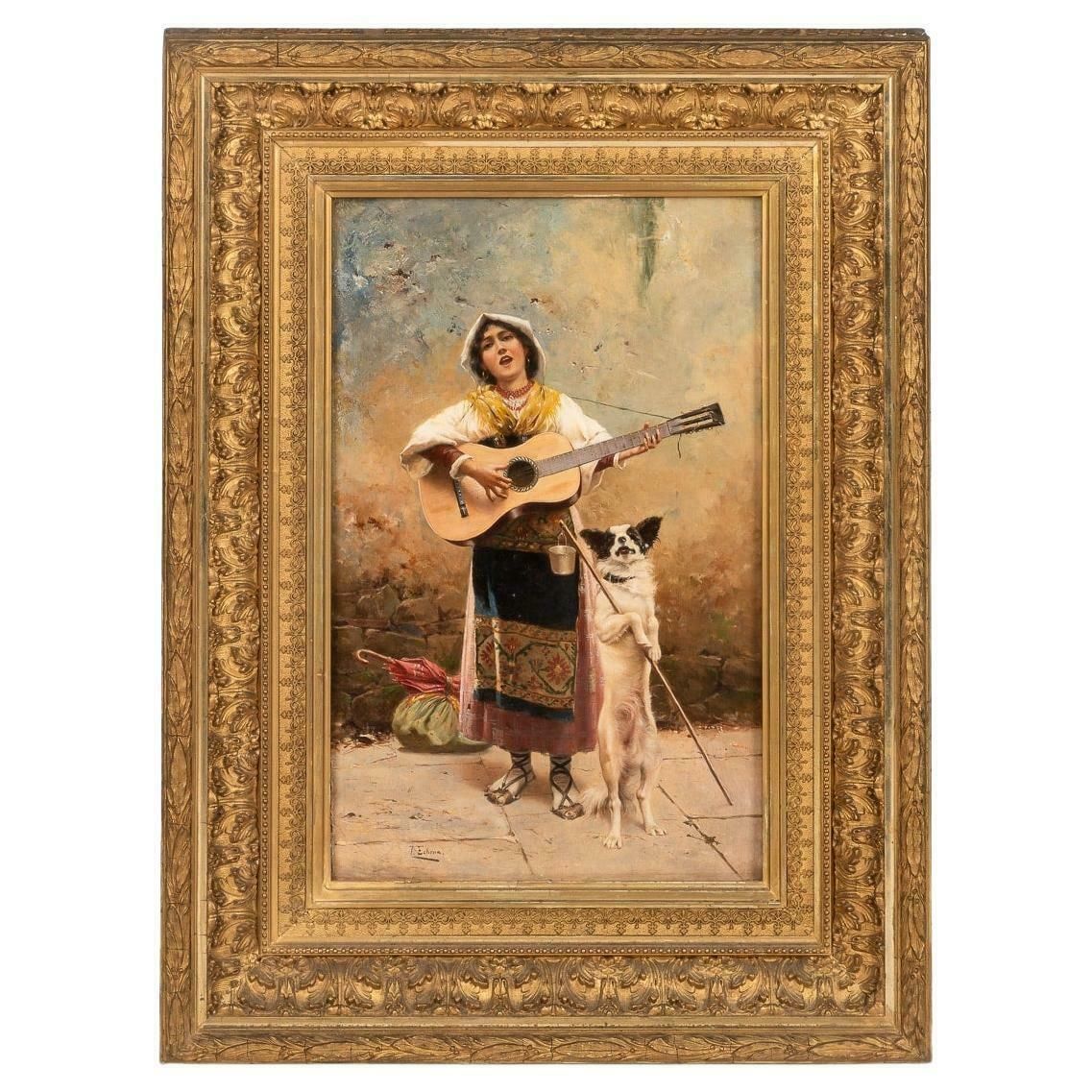Oil On Board Of A Woman Playing Guitar, Signed By José Echena (Spain 1845 1909)