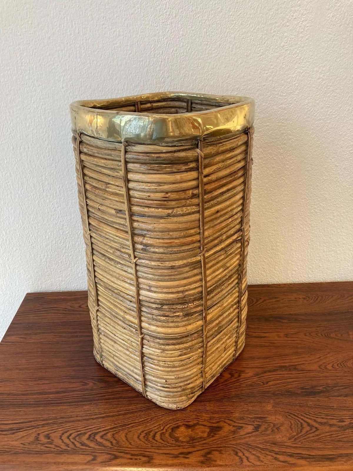 Rattan & Brass Umbrella Stands By Vivai De Sud, Italy, Ca. 1970s photo for sale