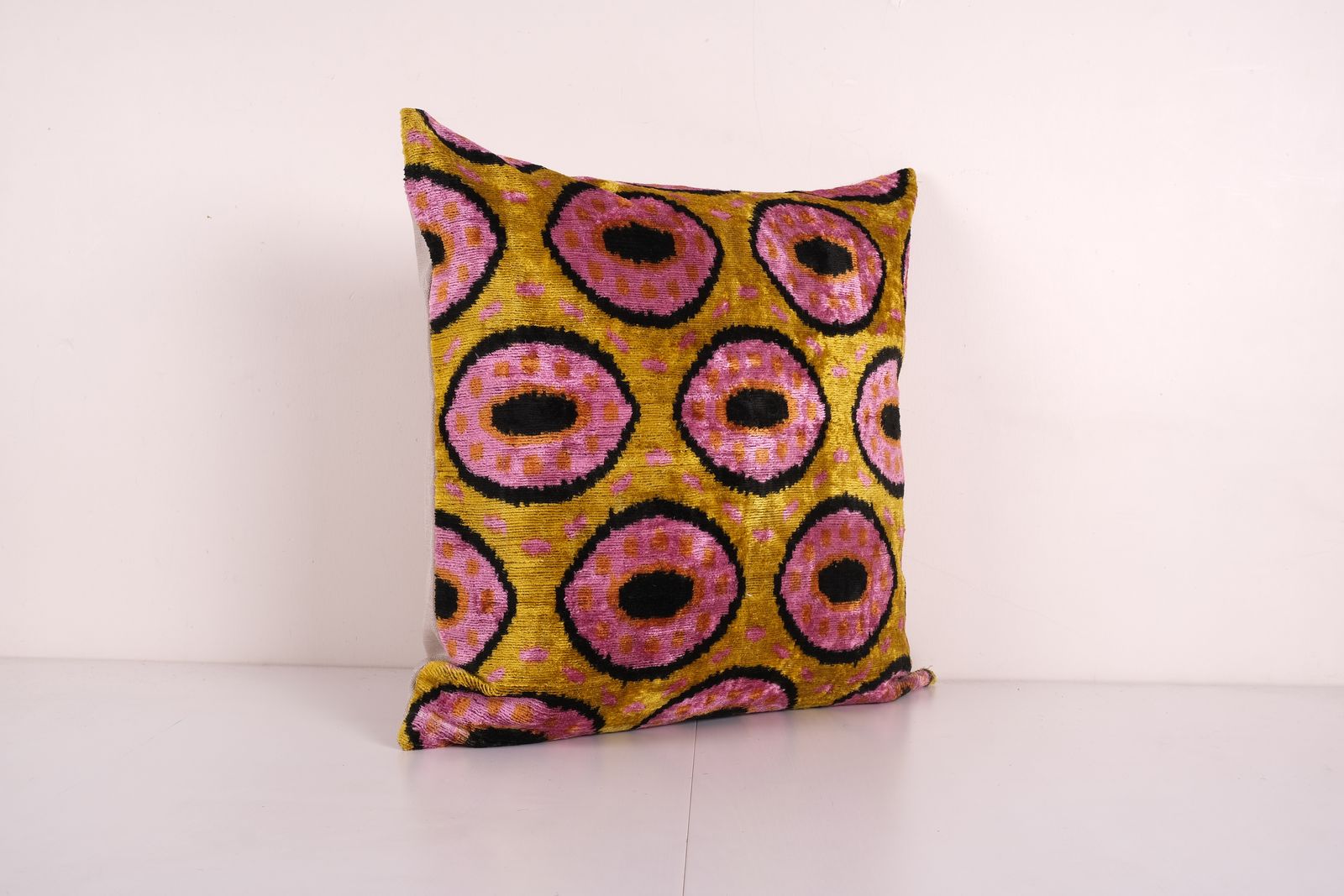 Square Bronze Ikat Velvet Pillow, Silk Ikat Cushion Cover, Pink Ikat Pillowcase, Unusual Design Uzbek Tribal Pillow 24'' X 24'' photo Textiles