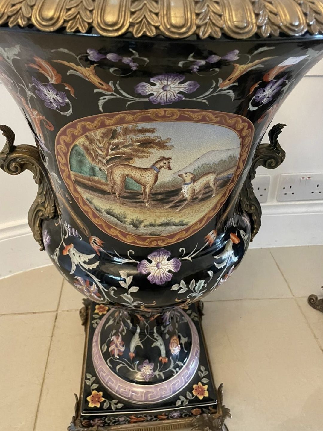 Large Pair Of Quality Antique 19th Century Porcelain And Ornate Brass Mounted Vases photo for sale