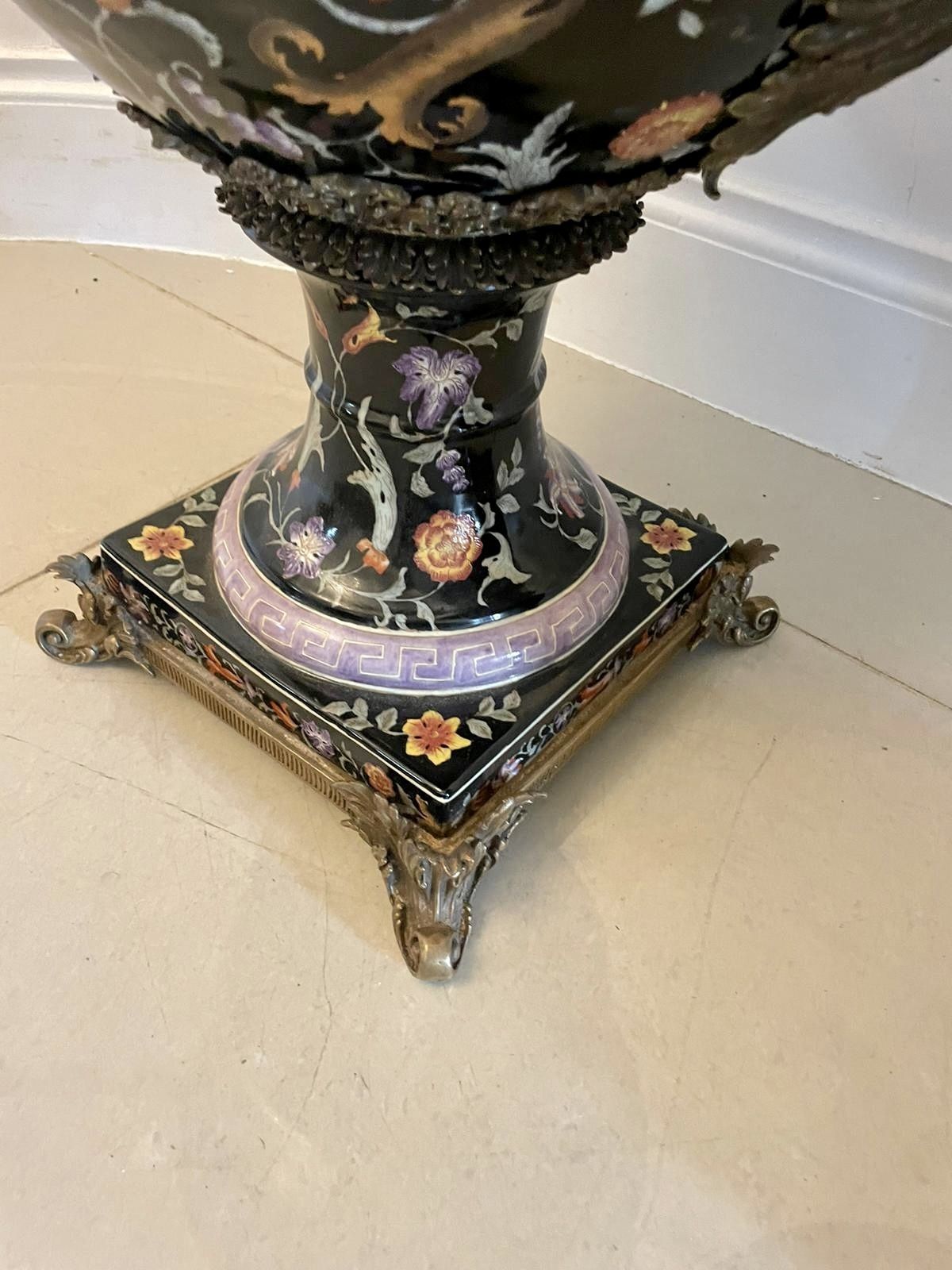 Large Pair Of Quality Antique 19th Century Porcelain And Ornate Brass Mounted Vases photo vinterior