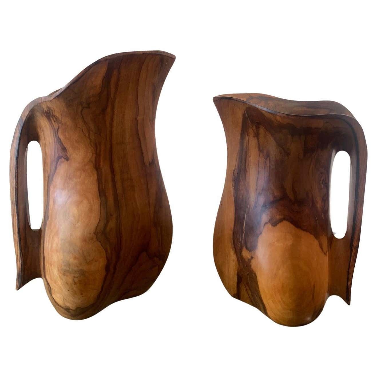 Set Of 2 Sculptural Carved Olivewood Jug, France Ca. 1950s