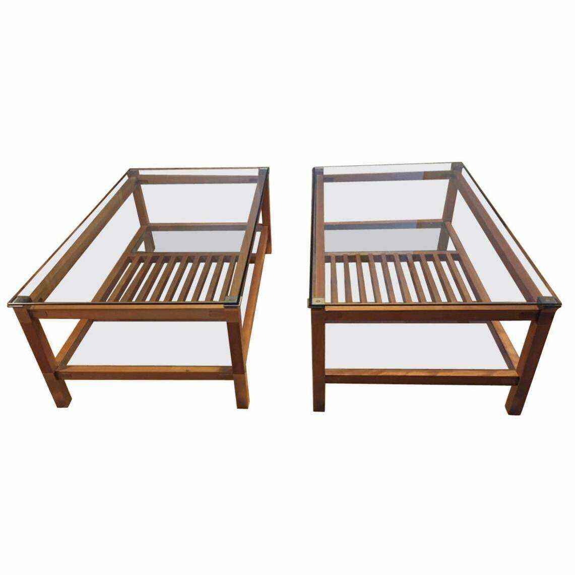 Pair Of Walnut, Brass And Glass Coffee Tables By Pierre Vandel, Paris, 1980s
