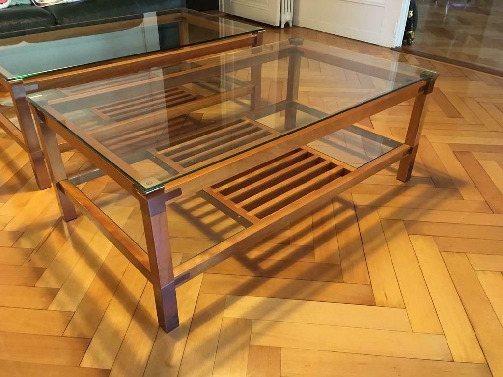 Pair Of Walnut, Brass And Glass Coffee Tables By Pierre Vandel, Paris, 1980s photo furniture