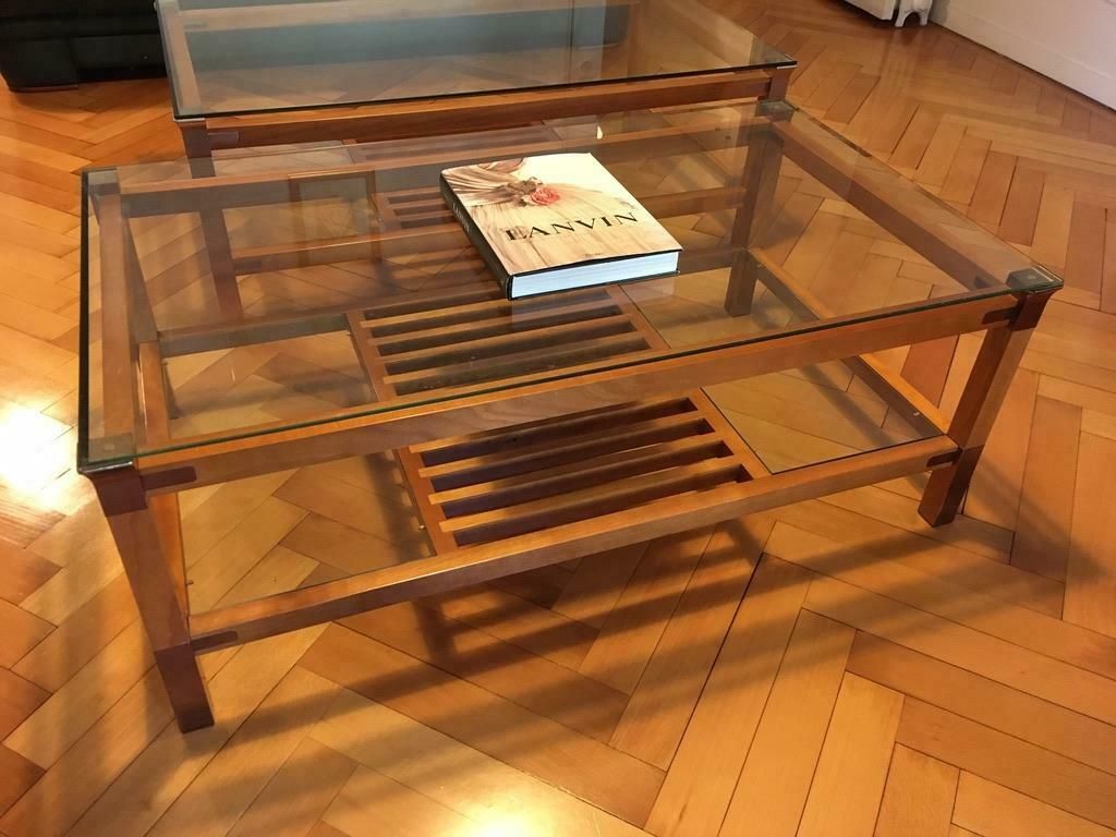 photo for sale Pair Of Walnut, Brass And Glass Coffee Tables By Pierre Vandel, Paris, 1980s
