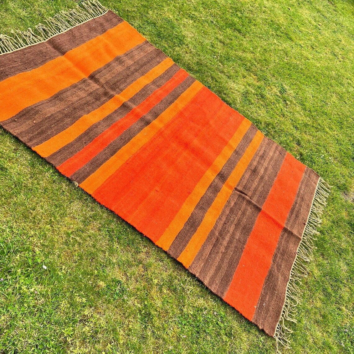 Xl Vintage Handmade Wool Rug   Mid Century Space Age Handwoven Orange Brown Area Rug photo furniture