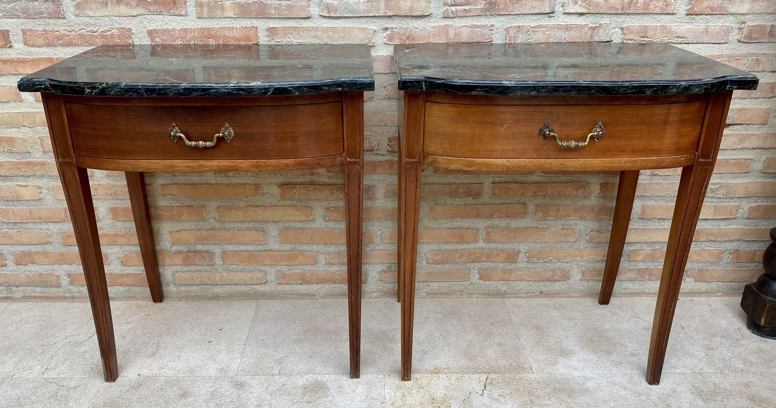 Early 20th Century Modern Nightstands With One Drawer & Grey Marble Top, Set Of 2