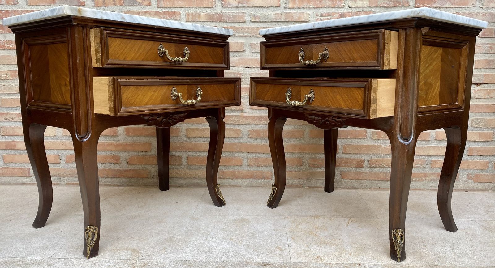 Mid 20th Century Pair Of Walnut Nightstands With Two Drawers And Marble Top photo Furniture