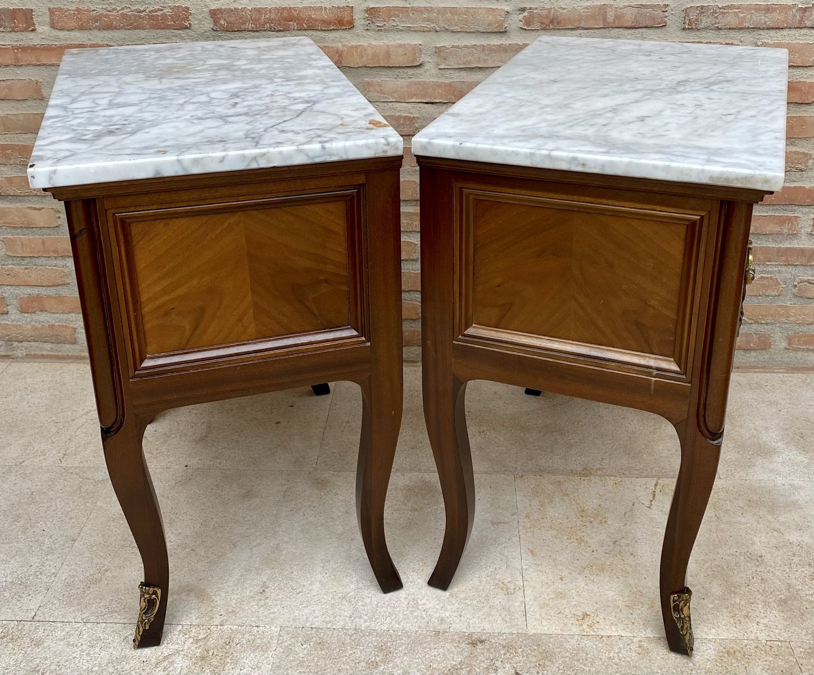 Mid 20th Century Pair Of Walnut Nightstands With Two Drawers And Marble Top photo buy