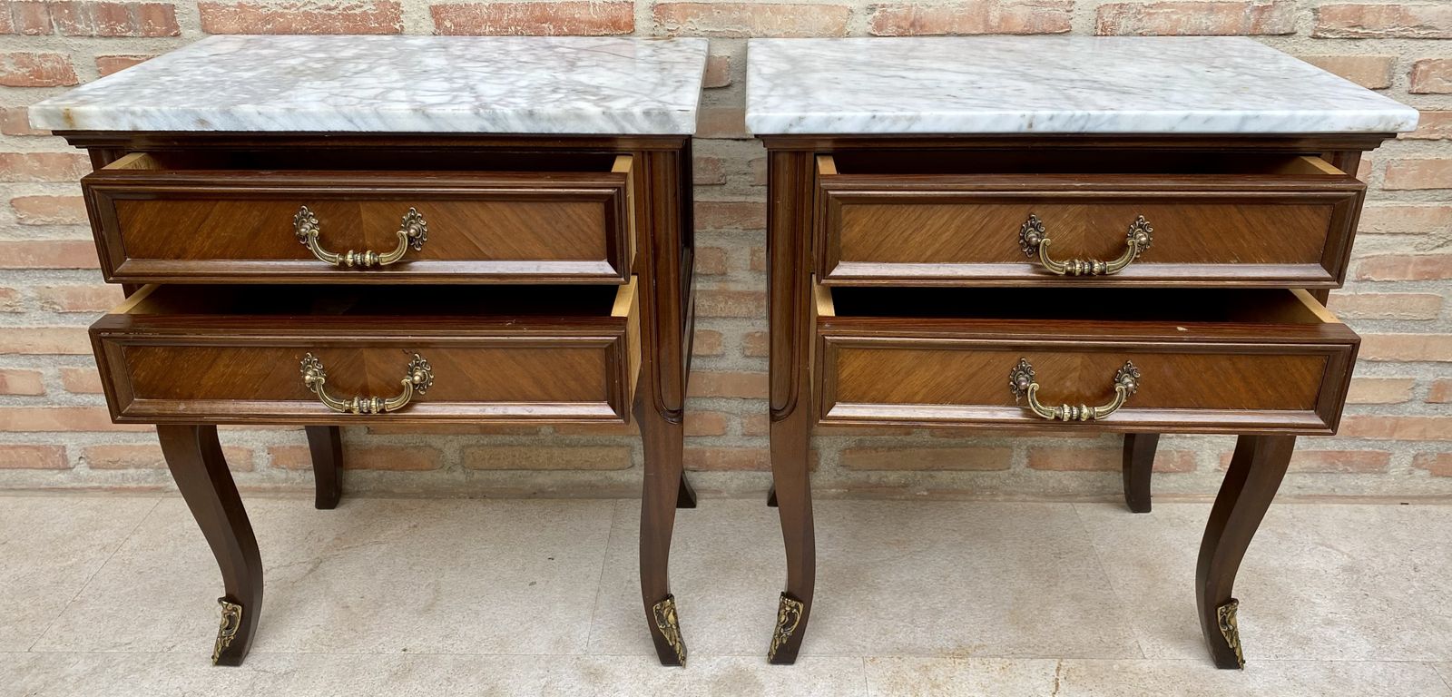 photo furniture Mid 20th Century Pair Of Walnut Nightstands With Two Drawers And Marble Top