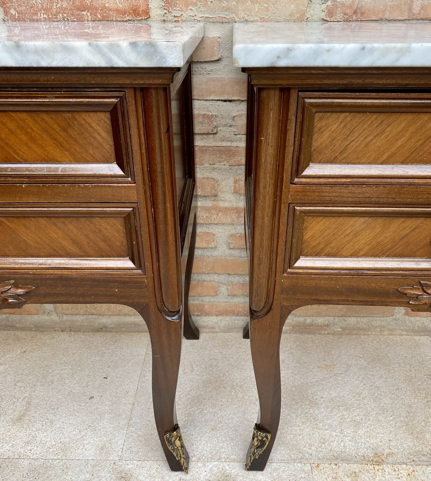 photo for sale Mid 20th Century Pair Of Walnut Nightstands With Two Drawers And Marble Top