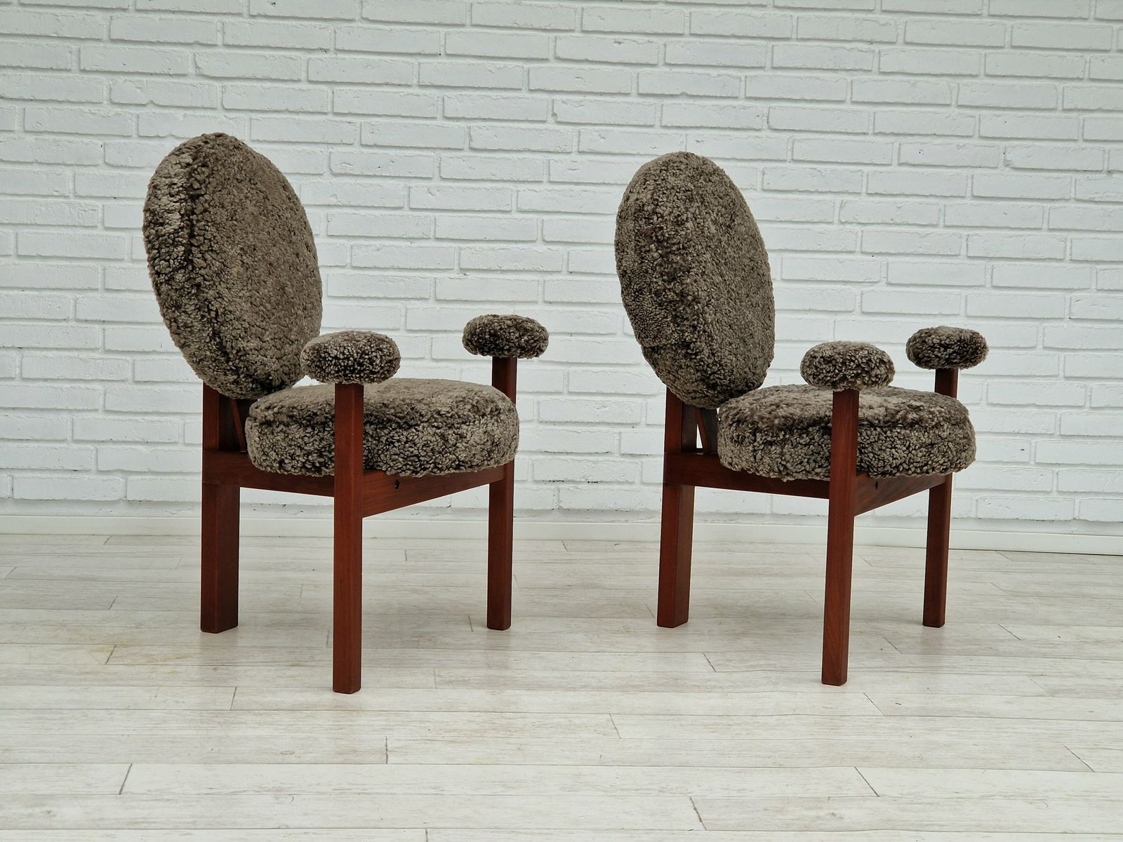 60s, Danish Design By Bent Møller Jepsen, Armchairs, Model "Medalie", Sheepskin, Teak Wood. photo furniture