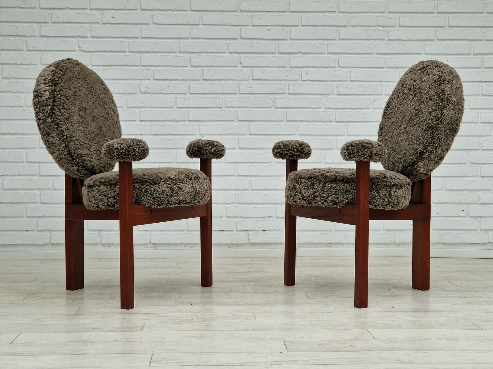 60s, Danish Design By Bent Møller Jepsen, Armchairs, Model "Medalie", Sheepskin, Teak Wood.