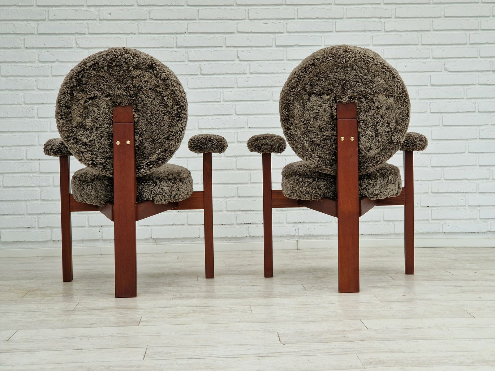 60s, Danish Design By Bent Møller Jepsen, Armchairs, Model "Medalie", Sheepskin, Teak Wood. photo vinterior