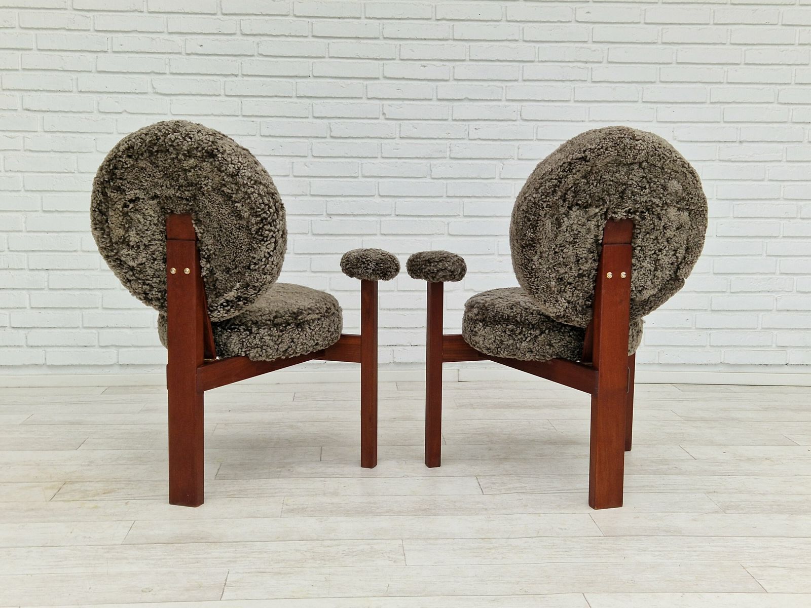 60s, Danish Design By Bent Møller Jepsen, Armchairs, Model "Medalie", Sheepskin, Teak Wood. photo vintage