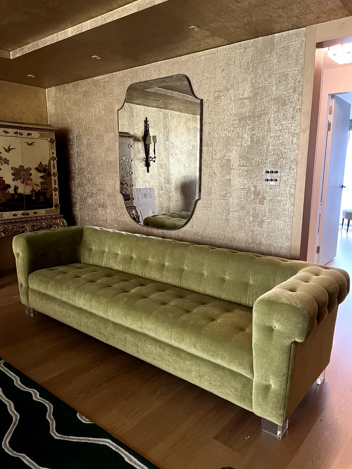 Sofa, Bespoke Lelievre, Upholstered In Fresh Green Velvet, Perspex Feet, 2.6 M photo furniture