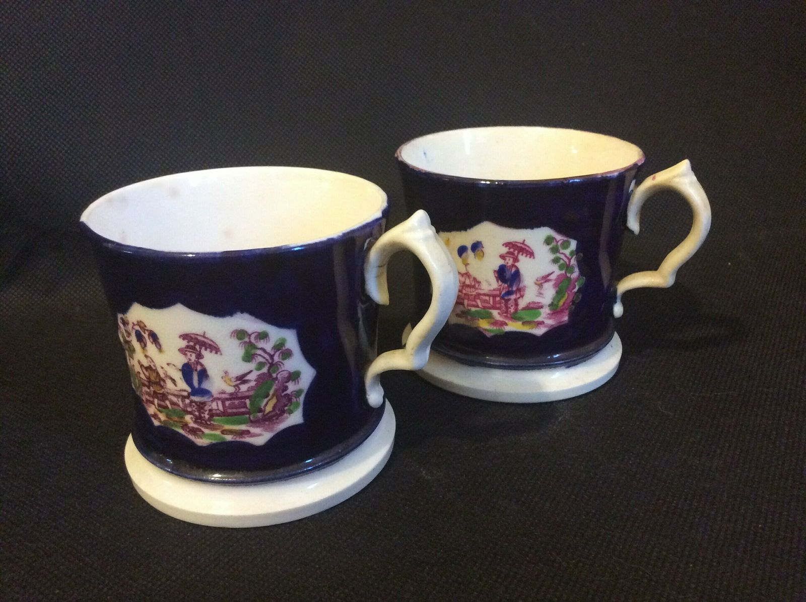 Antique C1830 Pair Of Sevres Style Cobalt Blue Hand Painted Porcelain Coffee Cans Coffee Cups, Antique Hand Painted Chinese Scenes photo for sale