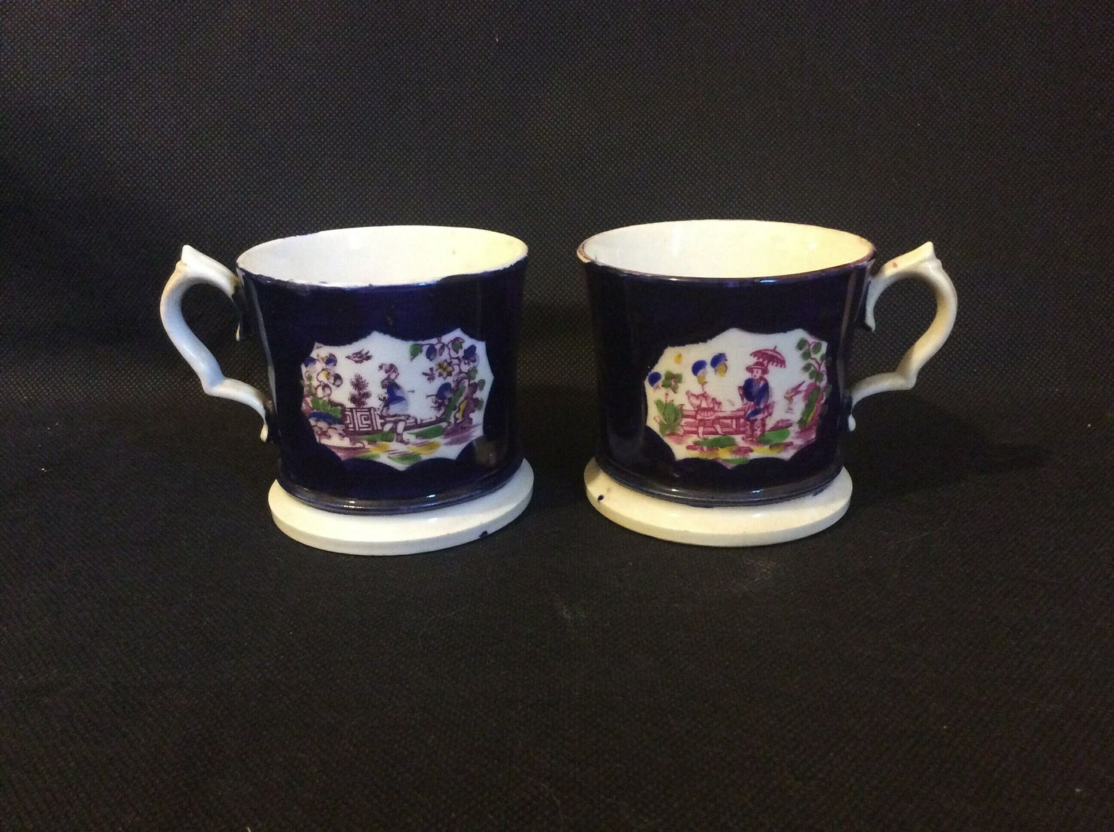 Antique C1830 Pair Of Sevres Style Cobalt Blue Hand Painted Porcelain Coffee Cans Coffee Cups, Antique Hand Painted Chinese Scenes photo vinterior