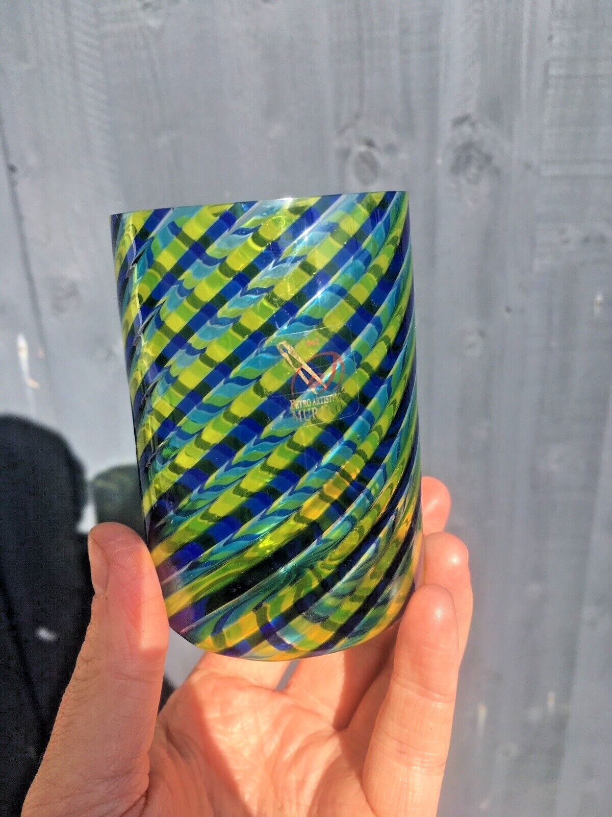 Superb Vetro Artistico Murano Spiral Candy Stripe Italian Glass Cylinder Vase photo vintage