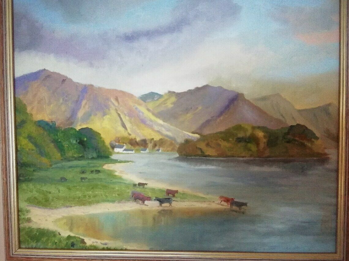 Original Signed Acrylic On Board Derwent Water Lake District By C Hautot 2012 photo furniture