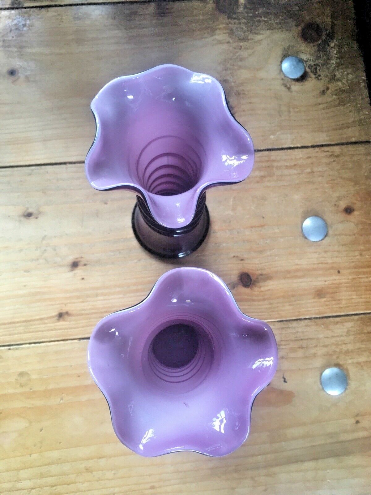 Pair Of Purple Tango Glass Trailed Bud Vases Czechoslovakia Loetz Kralik Welz photo vintage