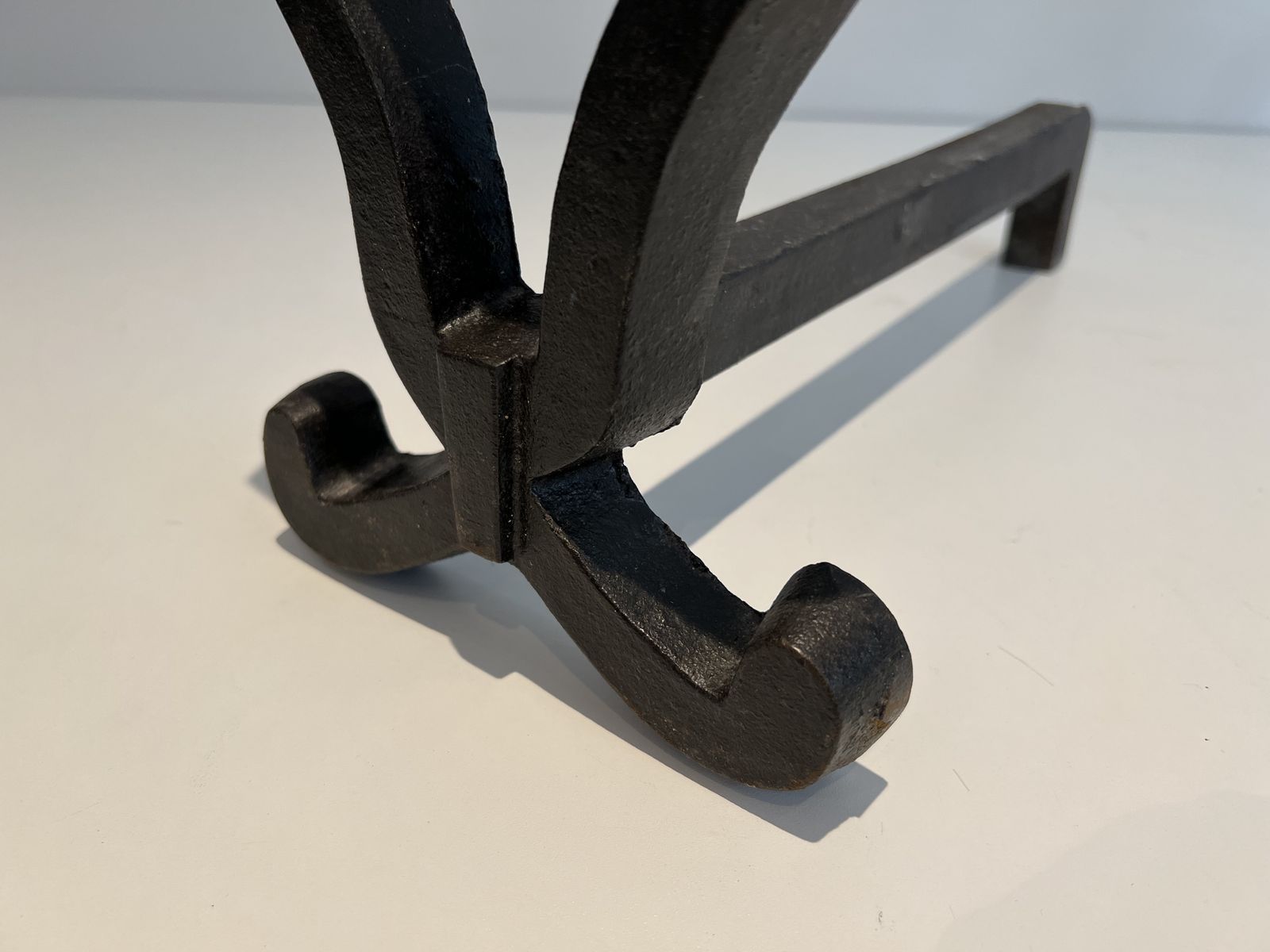photo for sale Pair Of Modernized Cast Iron And Wrought Iron Andirons By Raymond Subes