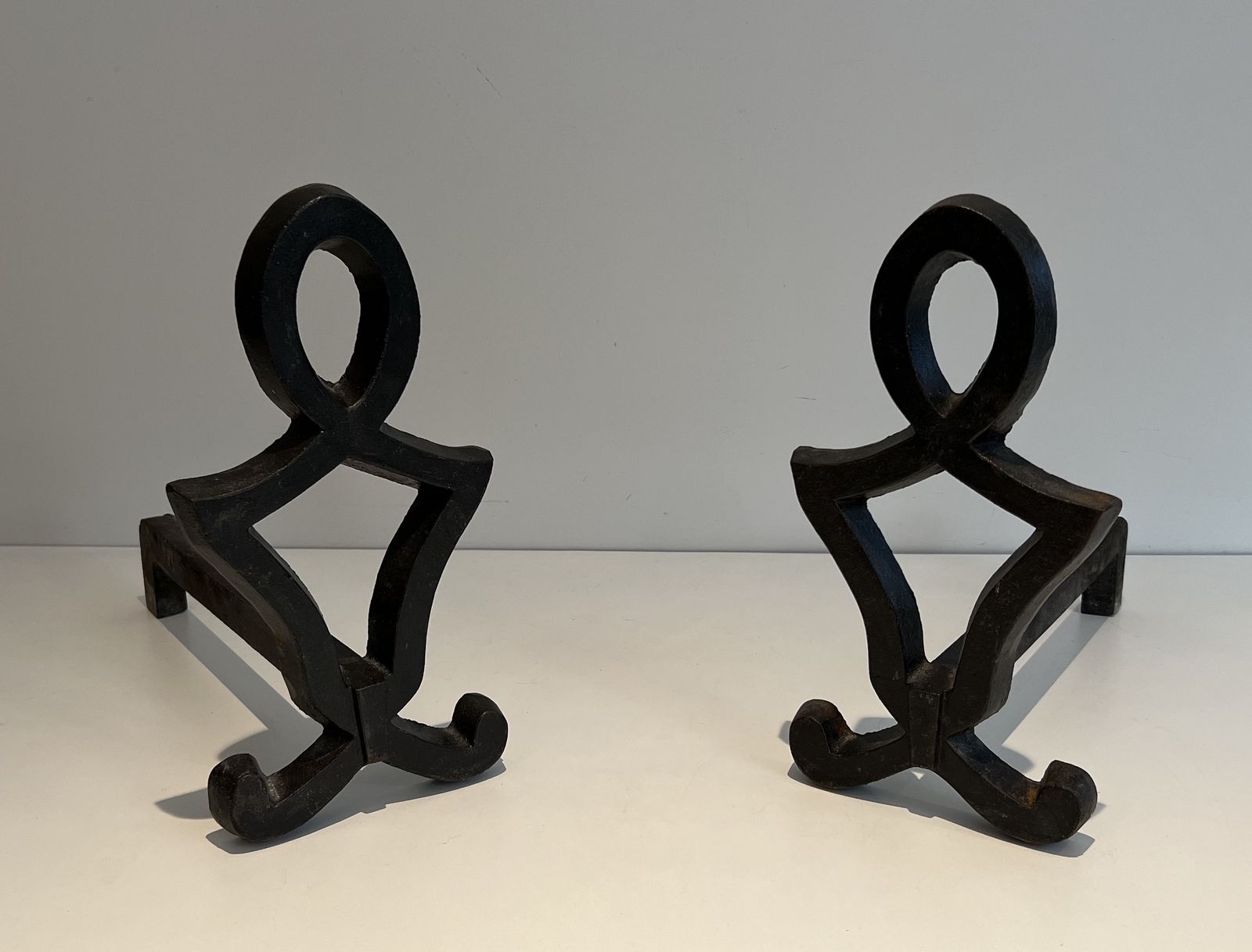 photo buy Pair Of Modernized Cast Iron And Wrought Iron Andirons By Raymond Subes