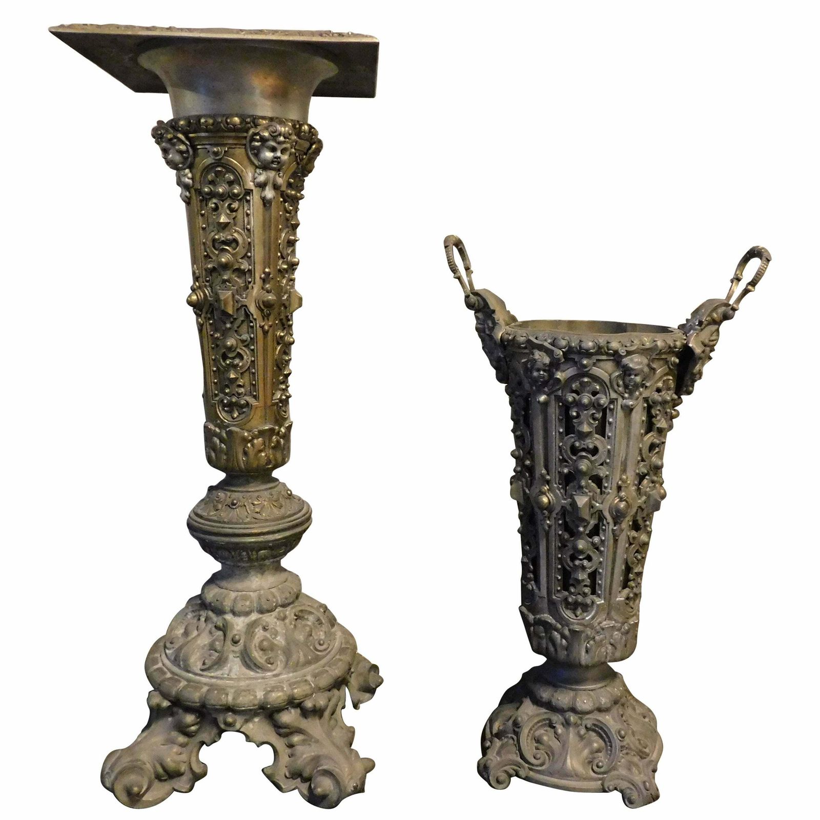 Vintage Set Of Column Vase Holder And Vase Umbrella Holder, Carved Gilded, '900