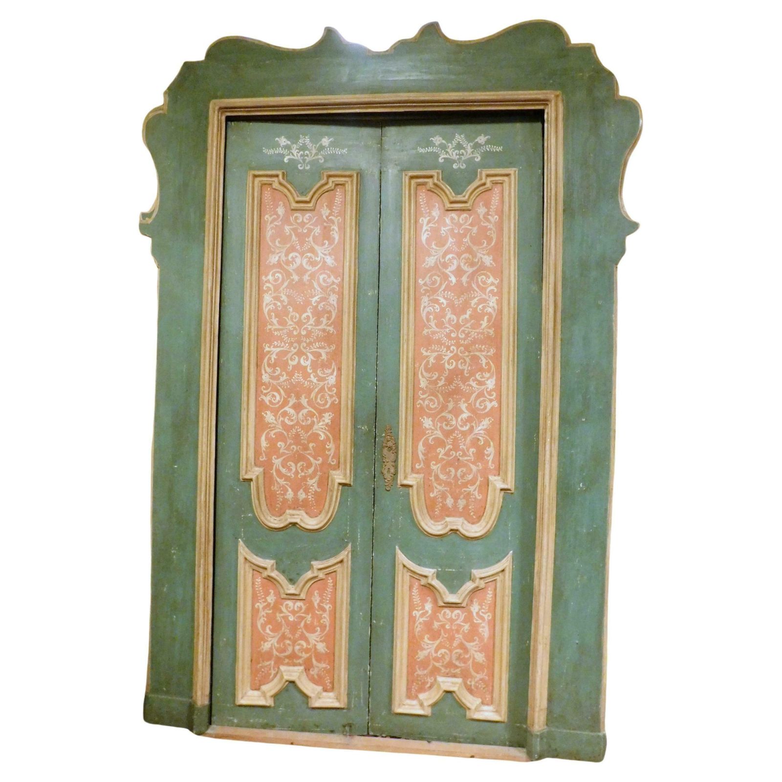 Pair Of Blue And Pink Lacquered Doors, Complete With Frame, 18th Century Italy