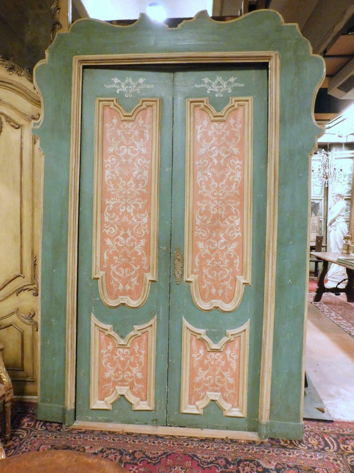 Pair Of Blue And Pink Lacquered Doors, Complete With Frame, 18th Century Italy photo for sale