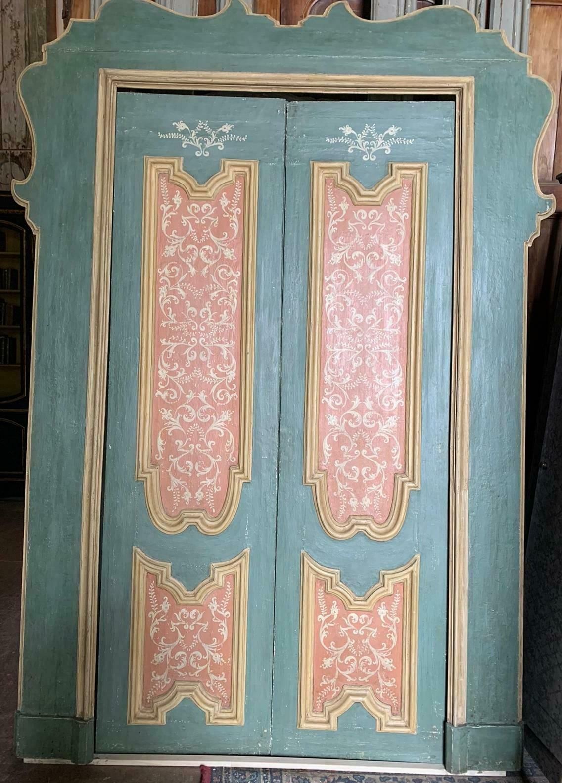 Pair Of Blue And Pink Lacquered Doors, Complete With Frame, 18th Century Italy photo vinterior