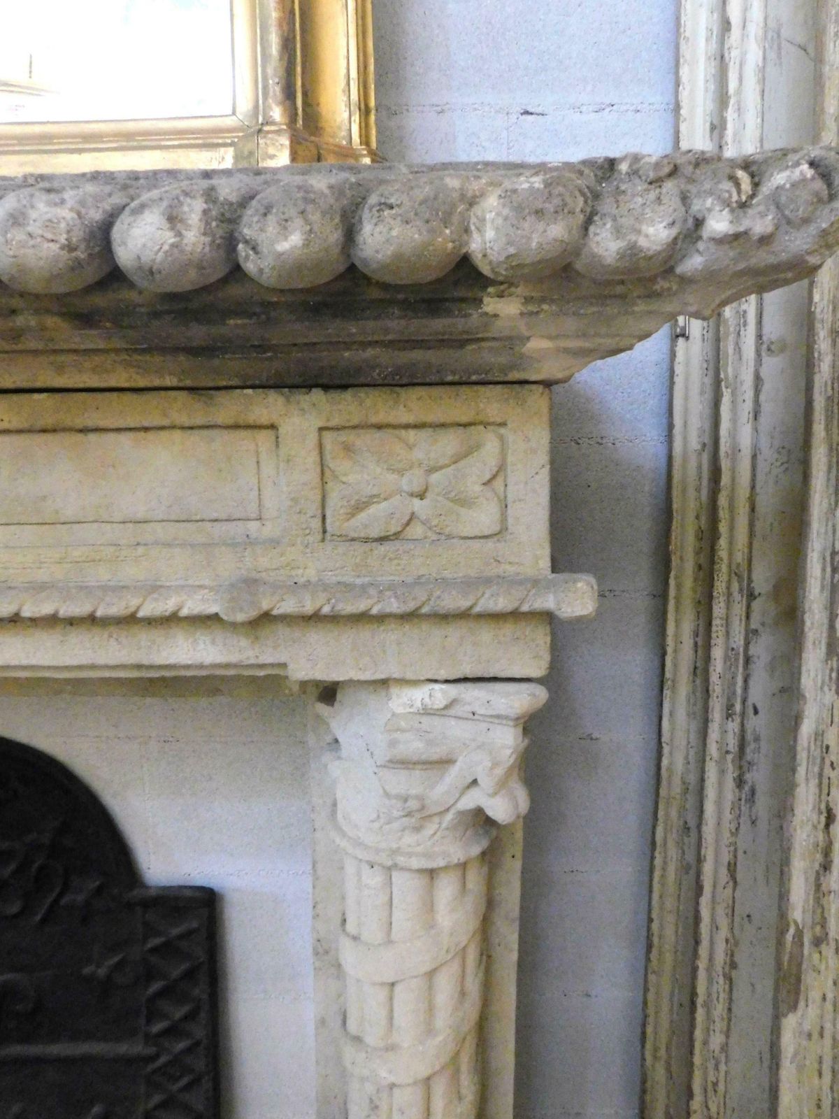 Important Antique Fireplace Mantle In Stone, Hand Carved Columns, '800 Italy photo vinterior