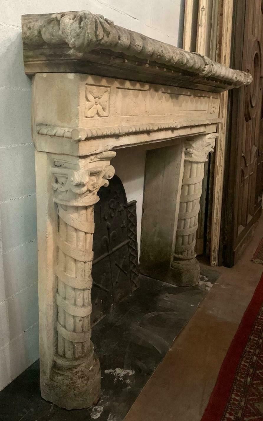 Home Fixtures Important Antique Fireplace Mantle In Stone, Hand Carved Columns, '800 Italy photo