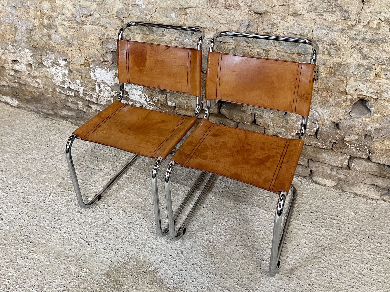 Pair Dining Or Desk Chairs  Mart Stam Marcel Breuer S33 Set Of Two 2 Fasem Chrome Tan Cognac Brown Leather Cantilever Bauhaus photo Furniture