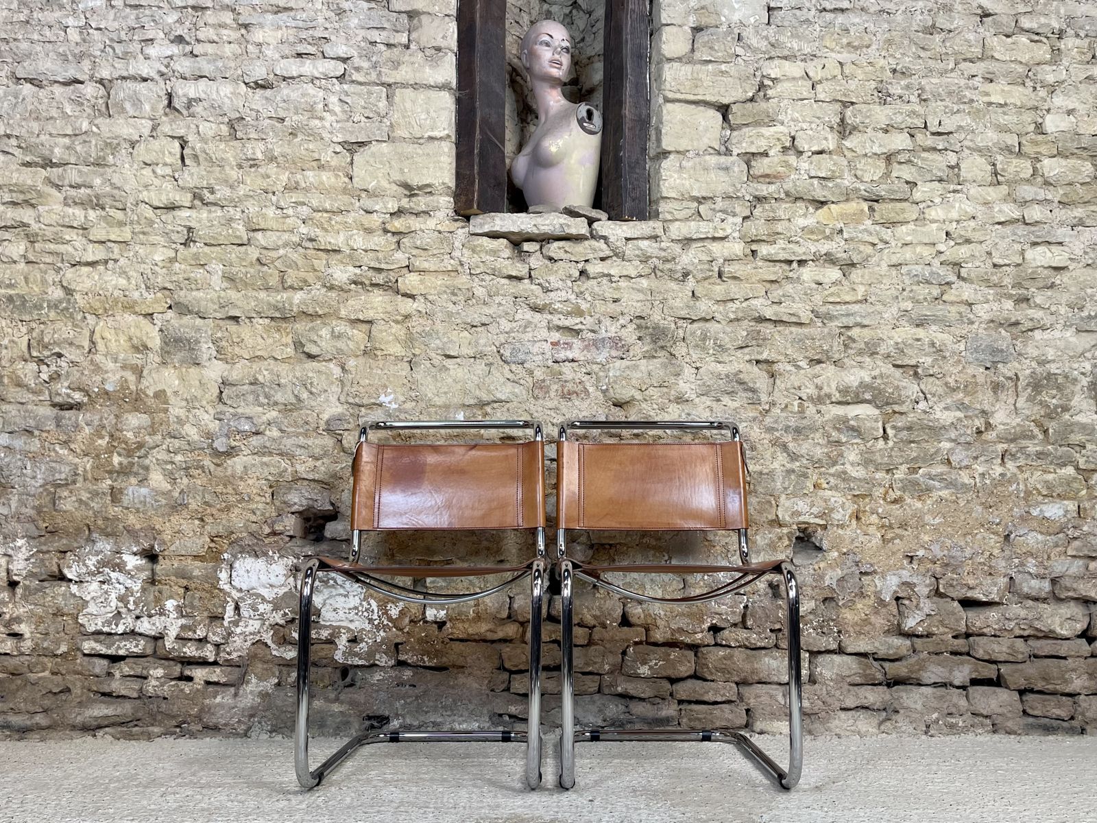 Pair Dining Or Desk Chairs  Mart Stam Marcel Breuer S33 Set Of Two 2 Fasem Chrome Tan Cognac Brown Leather Cantilever Bauhaus photo vintage