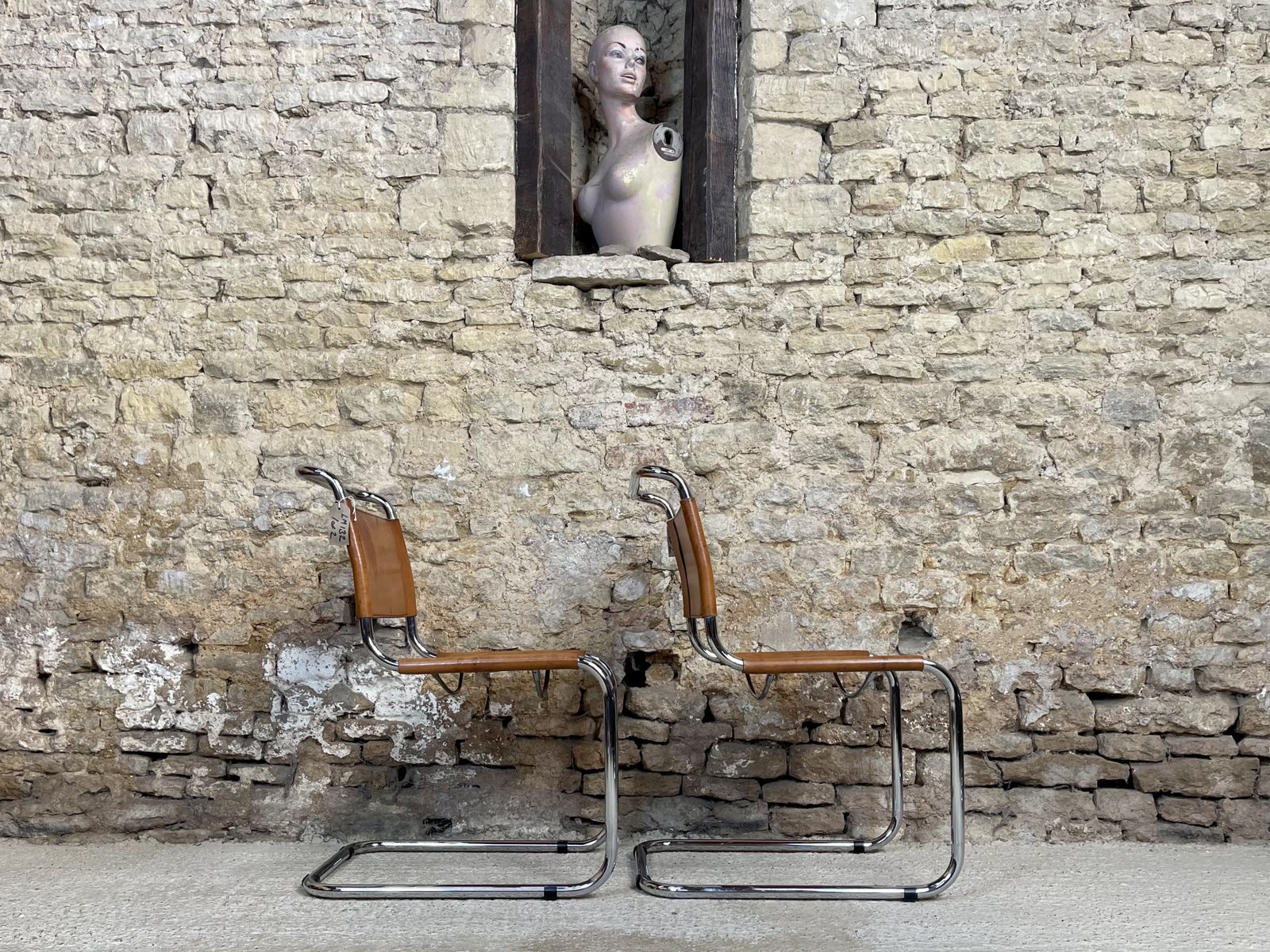 Furniture Pair Dining Or Desk Chairs  Mart Stam Marcel Breuer S33 Set Of Two 2 Fasem Chrome Tan Cognac Brown Leather Cantilever Bauhaus photo