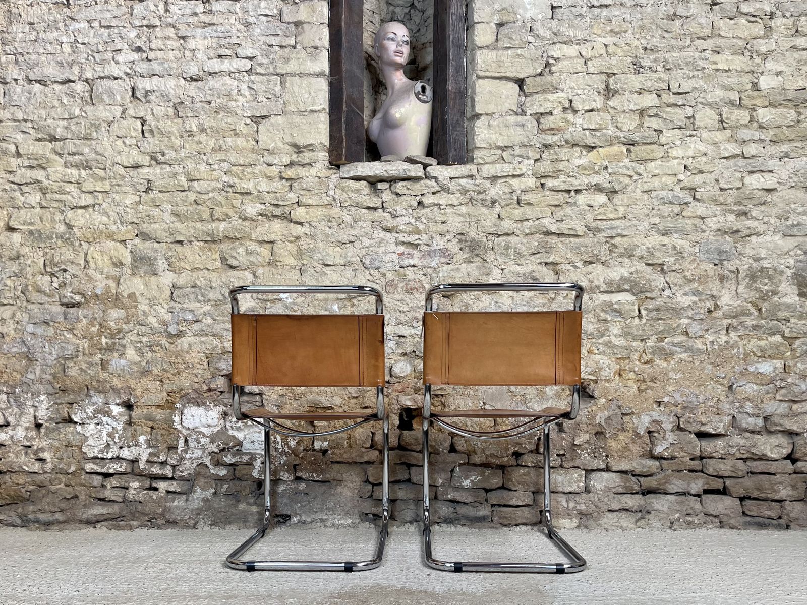 1595.0 Pair Dining Or Desk Chairs  Mart Stam Marcel Breuer S33 Set Of Two 2 Fasem Chrome Tan Cognac Brown Leather Cantilever Bauhaus photo