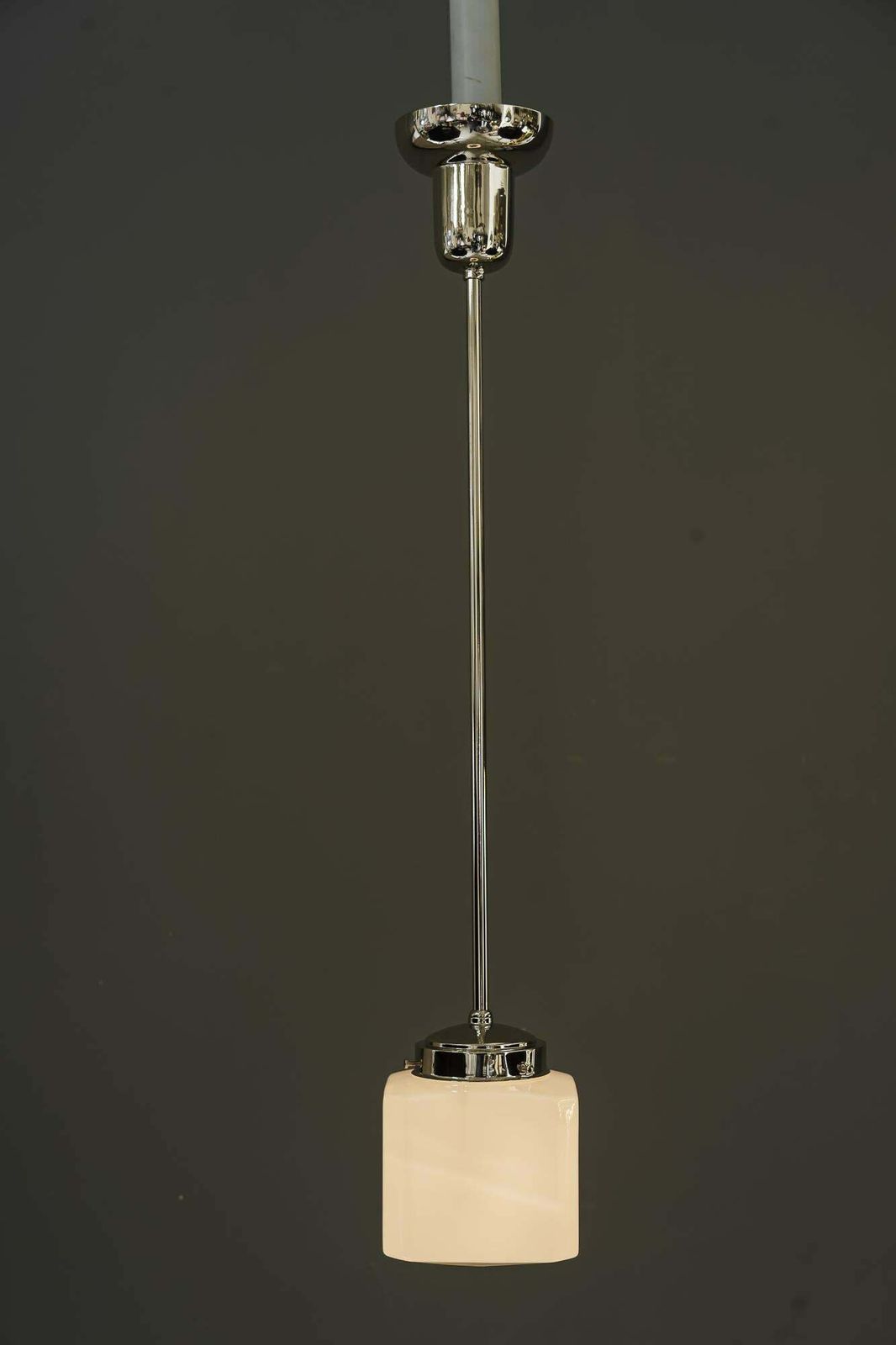 2x Art Deco Nickel Pendant With Opal Glass Shade Vienna Around 1920s photo for sale
