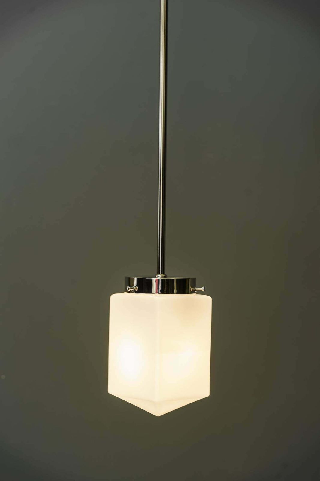 photo for sale Art Deco Nickel   Plated Pendant With Opal Glass Shade Vienna Around 1920s