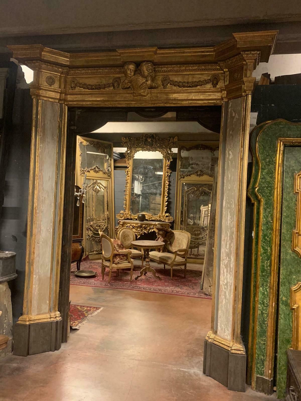Antique Portal Lacquered And Gilded Wood, Carved Cherubs & Festoons, '600 Italy photo 14175.0