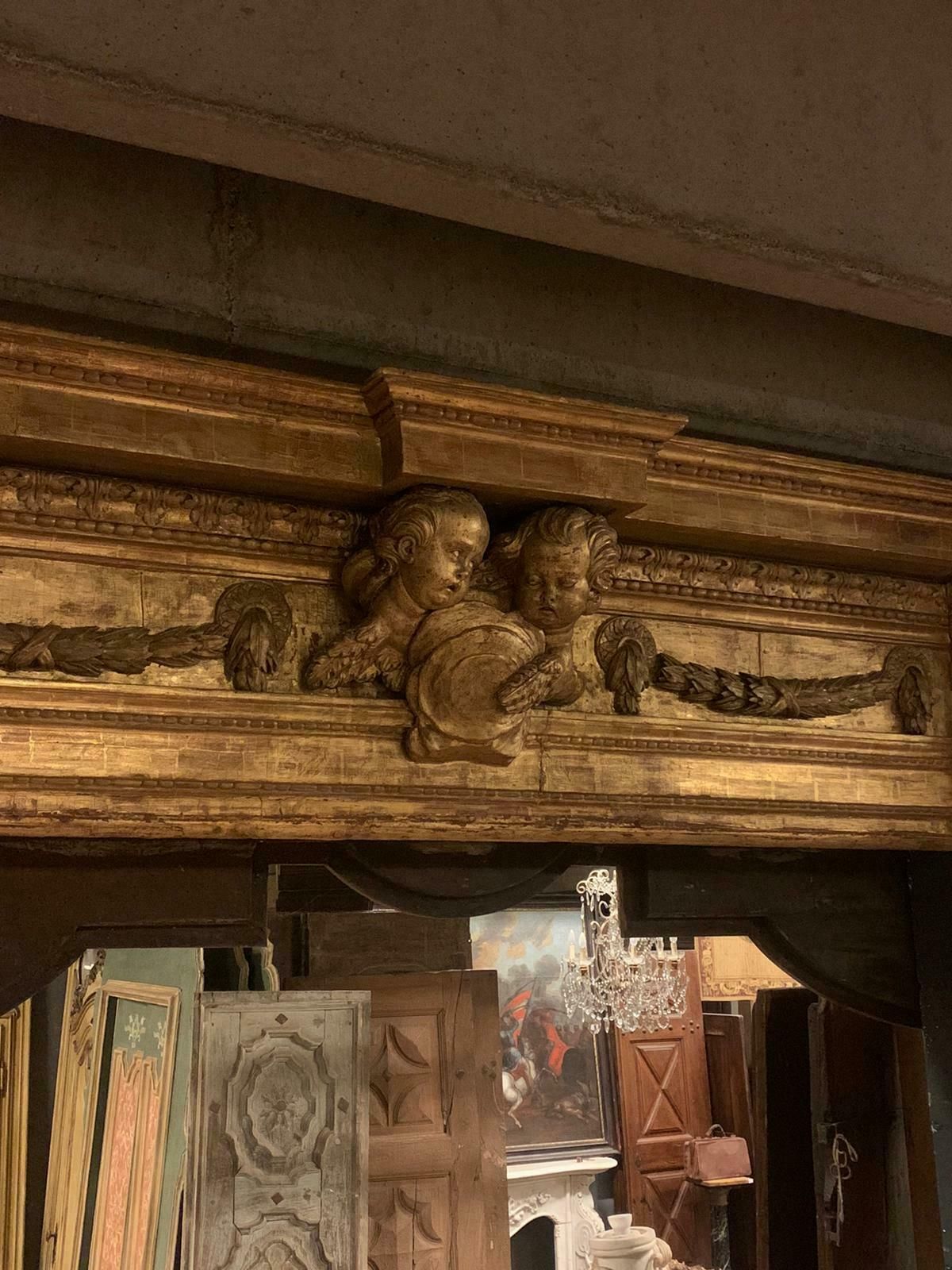 Antique Portal Lacquered And Gilded Wood, Carved Cherubs & Festoons, '600 Italy photo vinterior