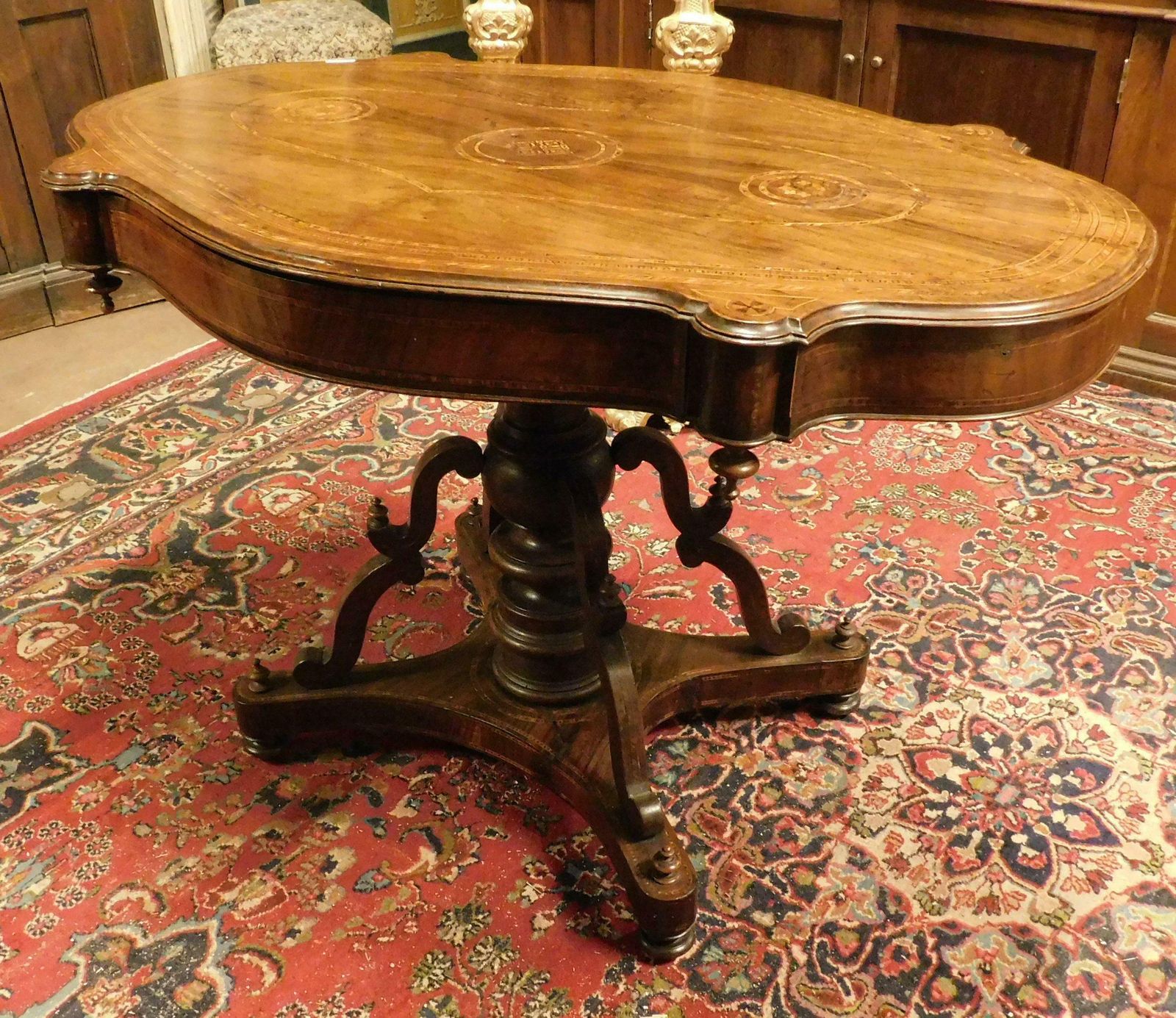 Inlaid And Carved Walnut Coffee Table, 1840 Italy photo vintage