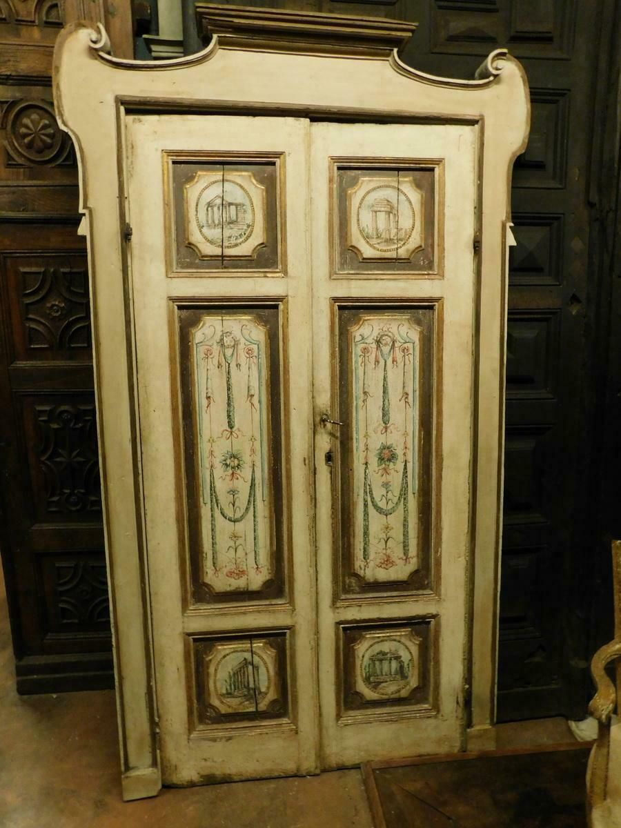 Antique Lacquered And Painted Interior Door With Frame, 18th Century, Italy photo for sale