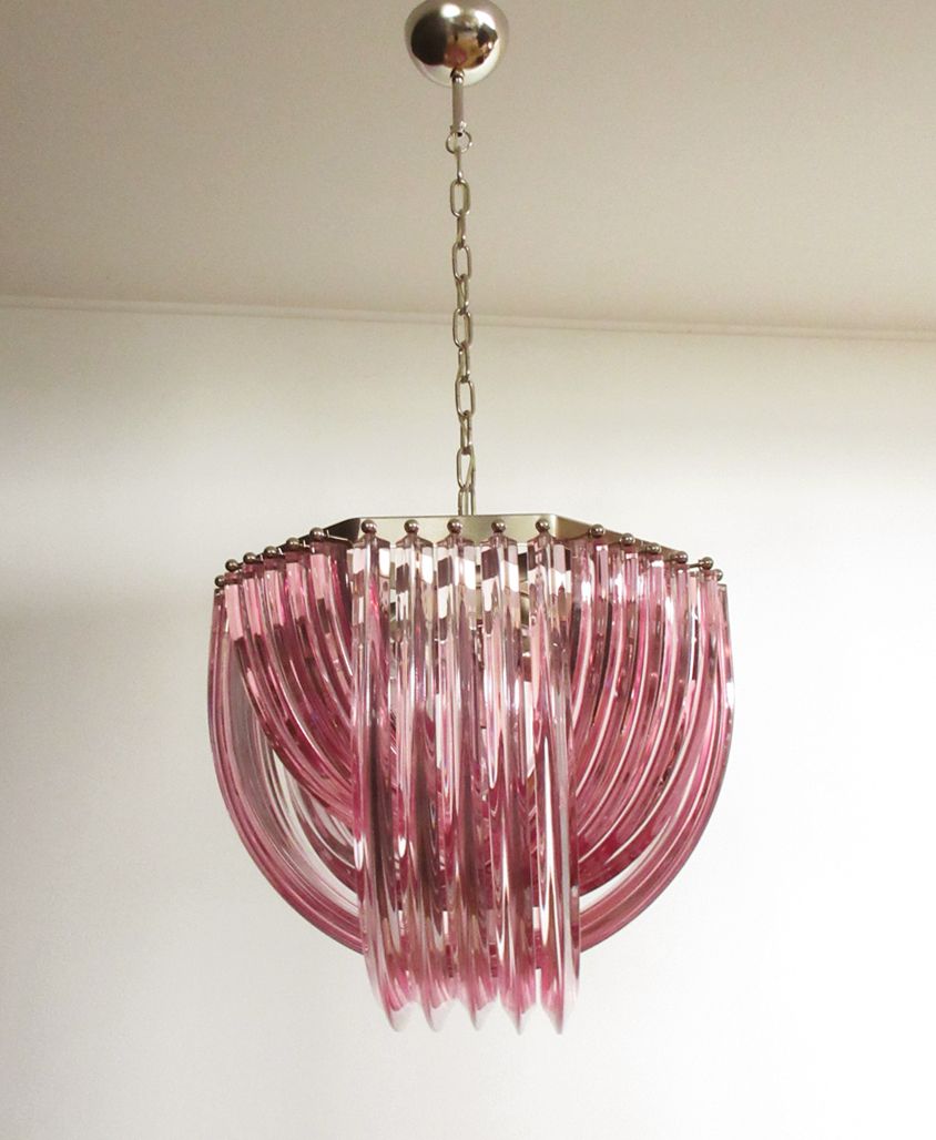 Large Curvati Chandelier, Pink Triedri, 20 Murano Glasses photo Lighting