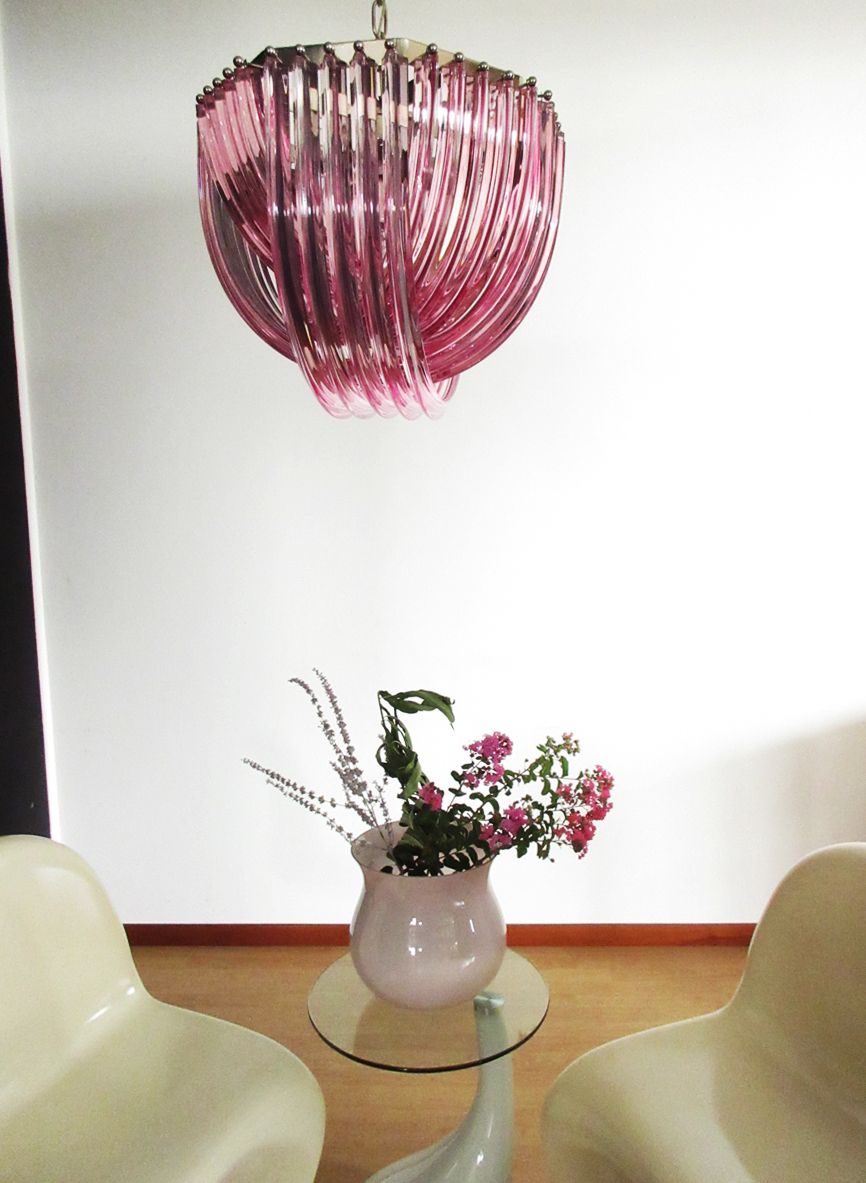 Large Curvati Chandelier, Pink Triedri, 20 Murano Glasses